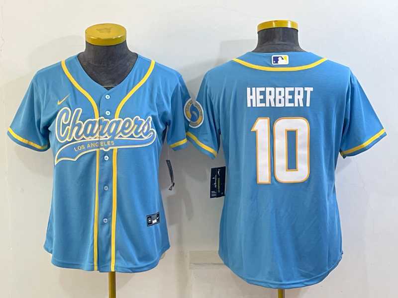 Womens Los Angeles Chargers #10 Justin Herbert Blue With Patch Cool Base Stitched Baseball Jersey
